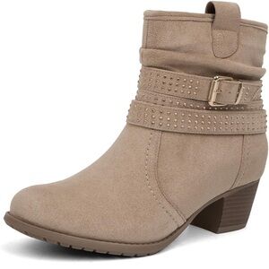 Beige Women's Round Toe Slouchy Mid Calf Boots Low Heel Jeweled Strap